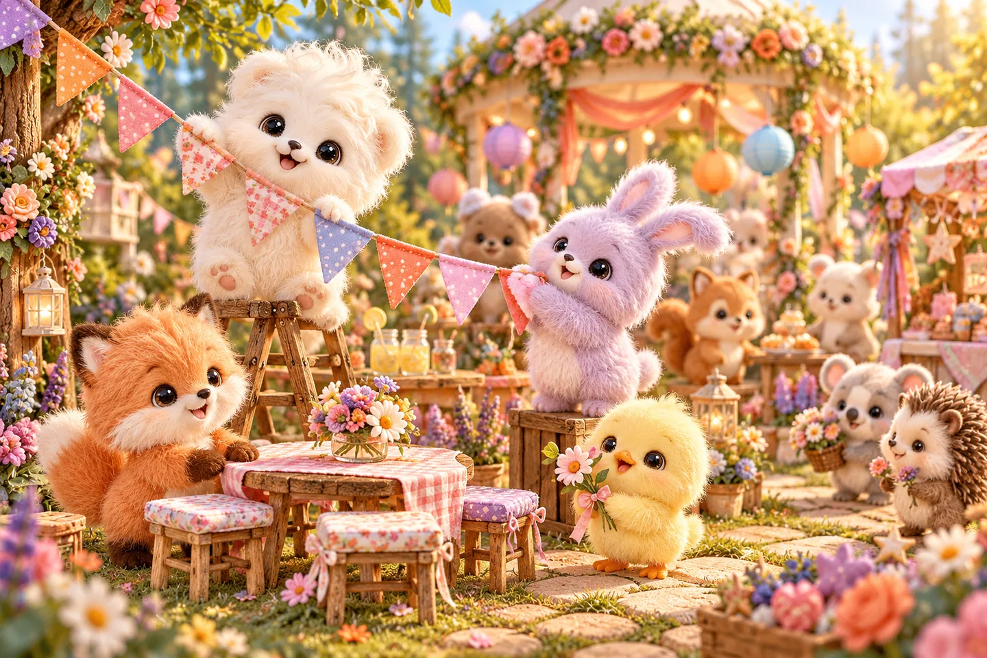 Die Freunde bereiten ein gemeinsames Fest im Garten vor.
