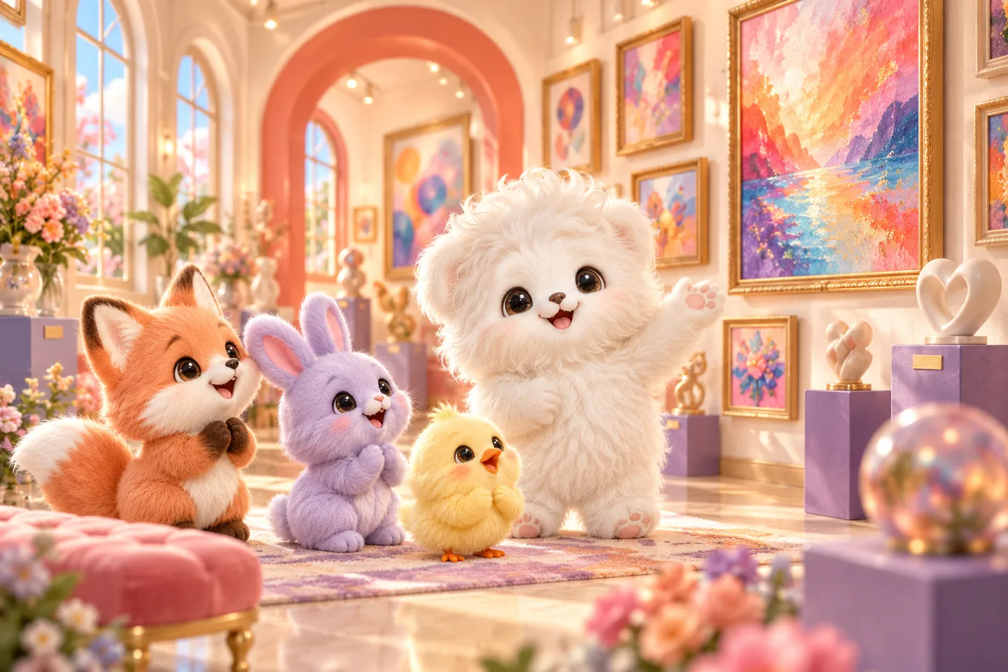 Das Maskottchen stellt seine Arbeiten in einer kleinen Galerie vor.