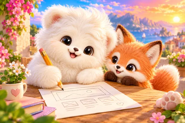 Das Flauschmaskottchen skizziert seine erste Website-Idee.